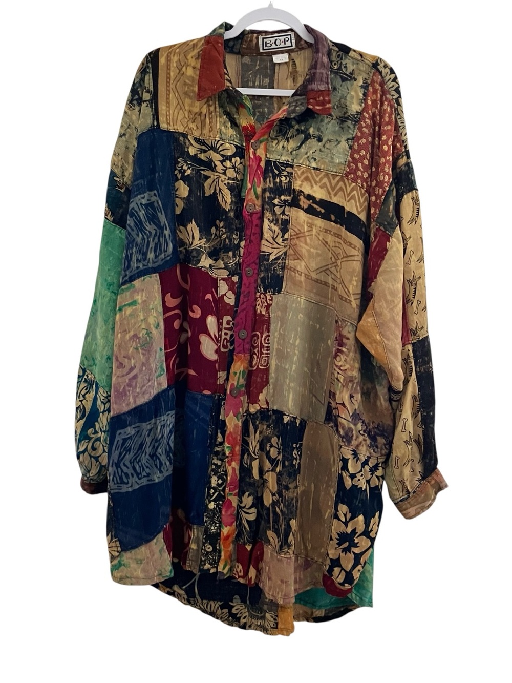 BOP Patchwork Button Front Boho Tunic Top Unisex 4X Y2K Oversized